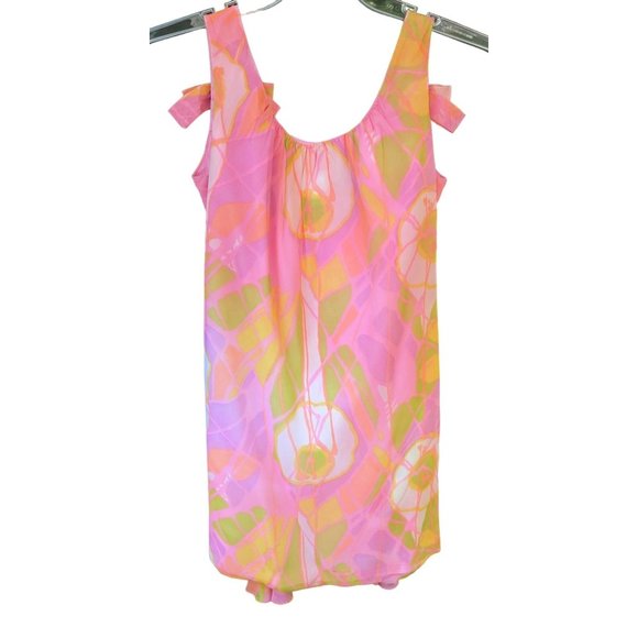 Dress 1960-75 Go Go Union Made Pink Green Psychedelic Bows Flowy - Picture 15 of 15